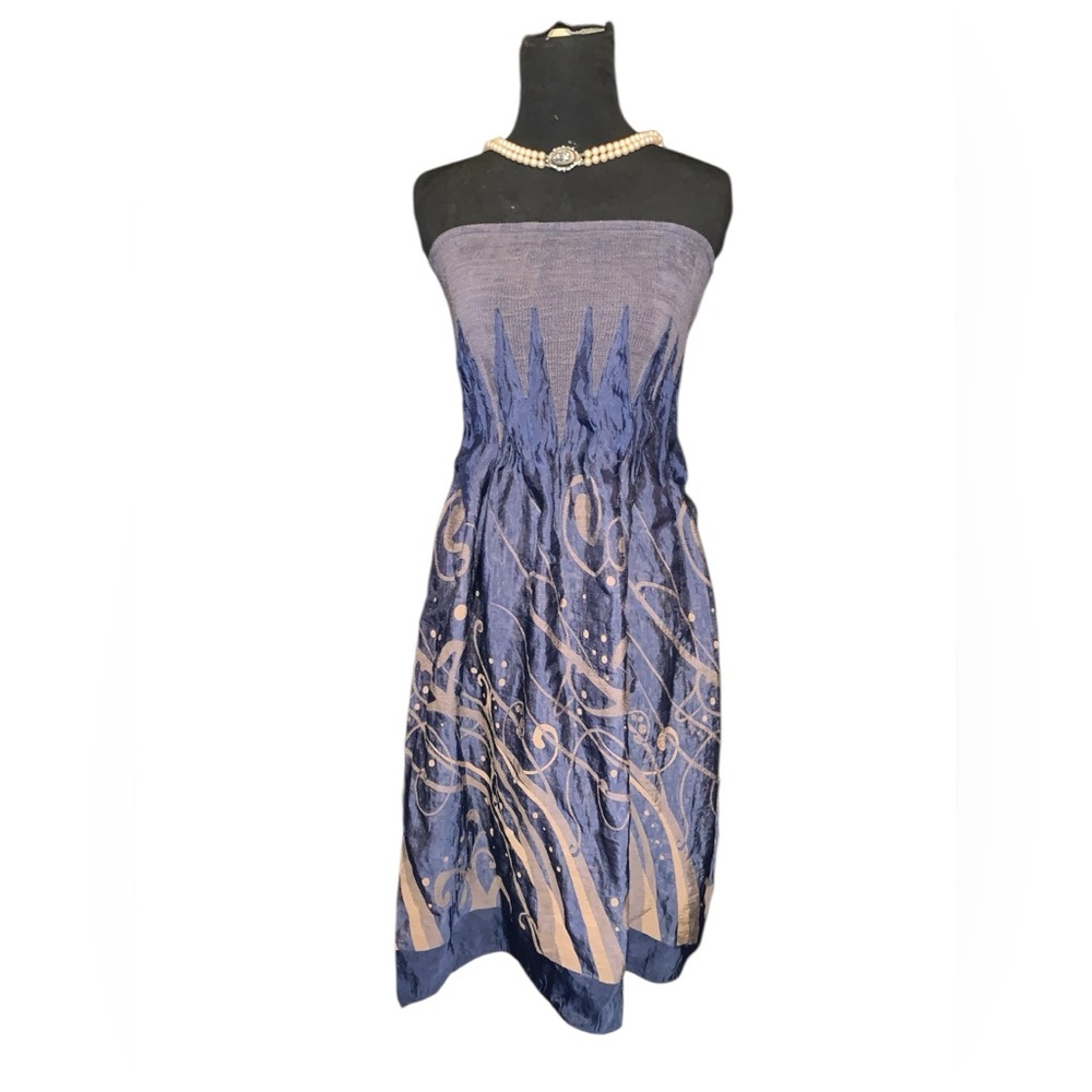Blue and Gold Strapless Ruched Sundress silky lightweight